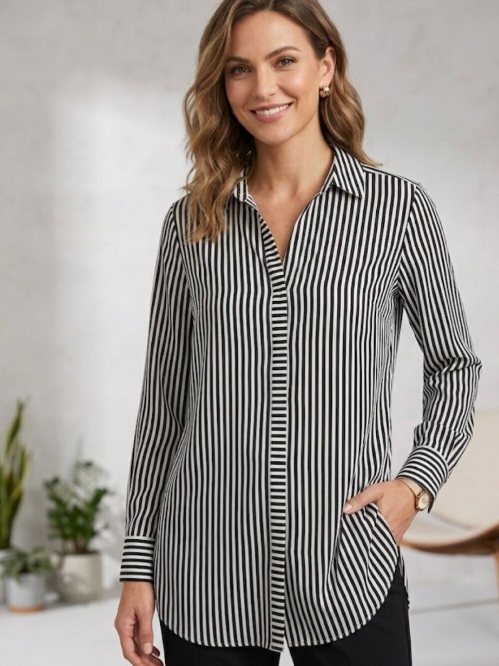 Chico's Black & White Striped Button Down Shirt - Size 1 (M)